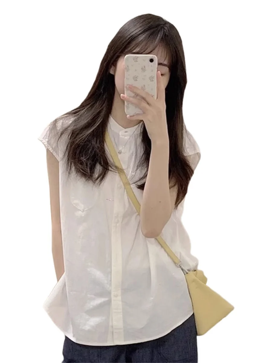 Ele White round Ne ort Sve irt Women's Summer Design Unique Small Fro irt Cotton Linen Blend Button up Top