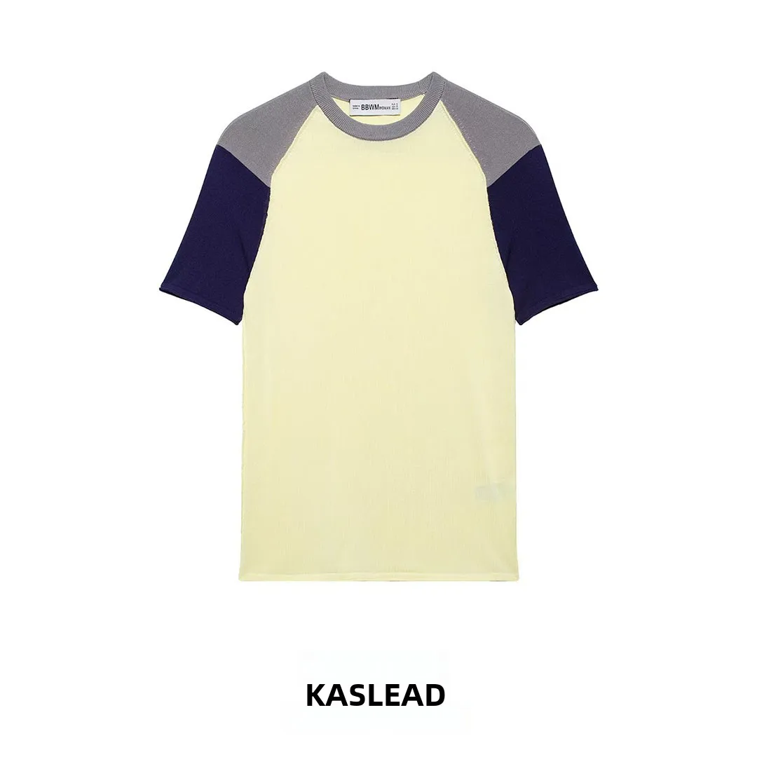 

KASLEAD New Women's Fashionable Knitted Patchwork Top Versatile Short Sleeve round Neck Polyester Fiber Spring Season