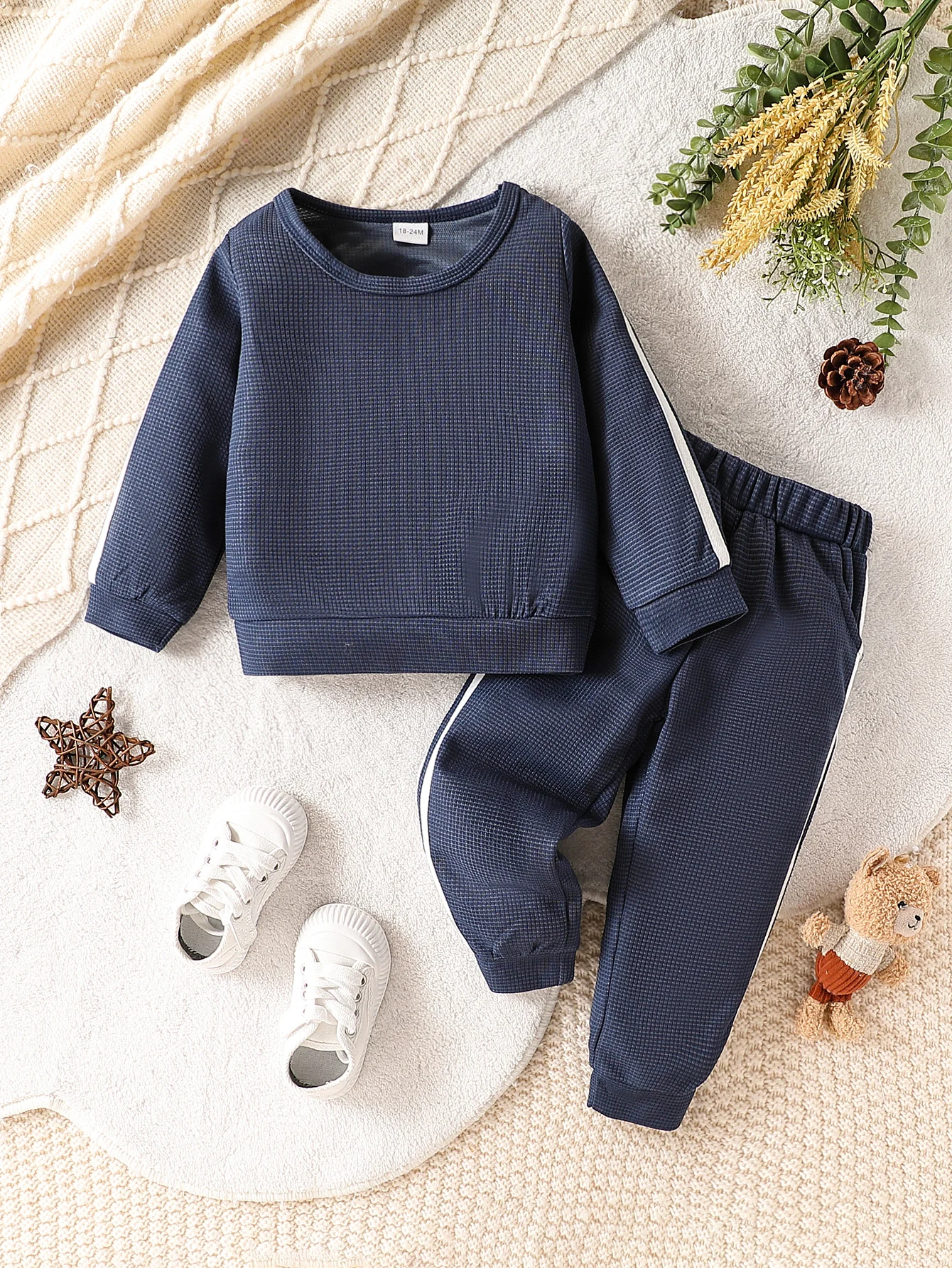 2Pcs Spring Autumn Toddler Boy Waffle Knit Outfit,Long Sleeve Crew Neck Sweatshirt & Striped Jogger Pants,Stylish Casual Tracksu