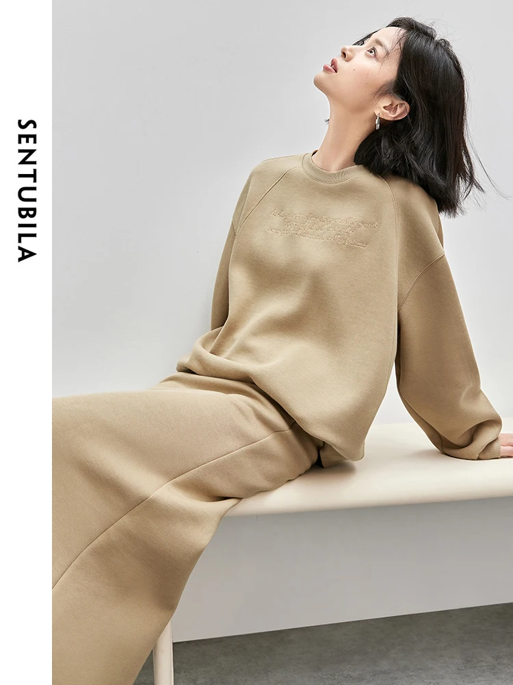 SENTUBILA Women Cotton Sweatshirt Set 2024 Autumn Letter Embroidery Tops Fashion Mermaid Skirt 2 Piece Set Match Set 143Z56391