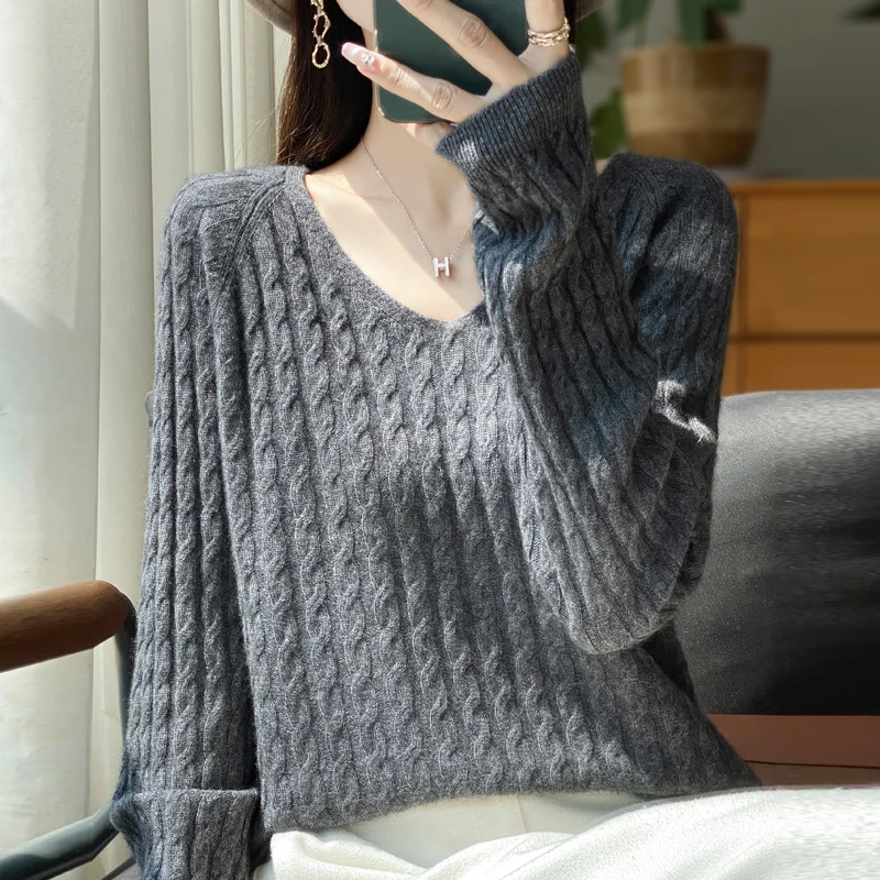 

Autumn women's 100% wool pullover long sleeved solid color V-neck sweater knitted pattern loose and soft high-quality top