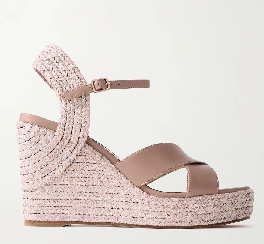 

Nude Raffia Wedge Heels 100MM Crossover Straps Leather Espadrille Wedge Sandals