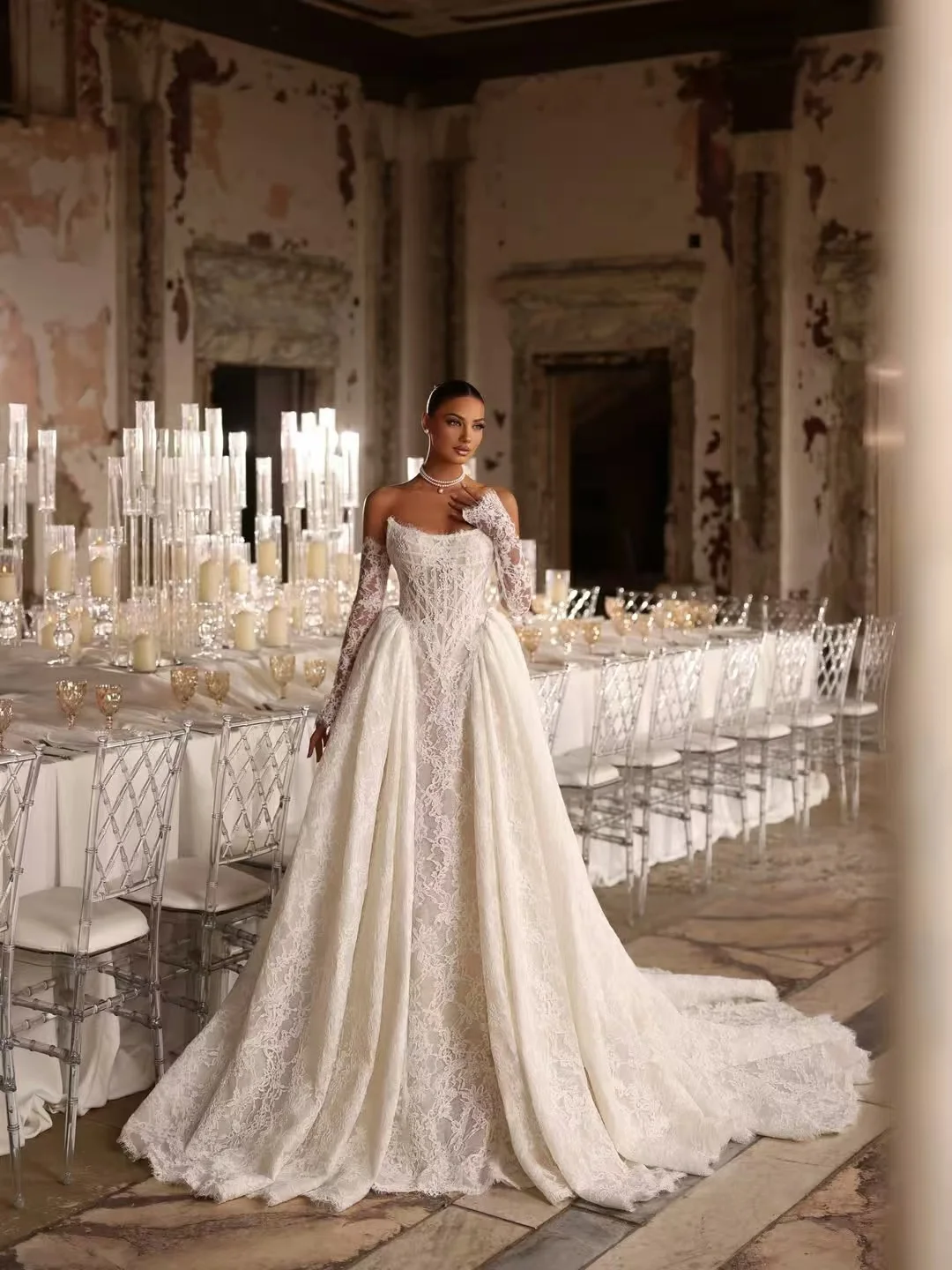 Pearls Sweetheart Neck Detachable Long Sleeve 2 Pieces High Quality Lace Mermaid Wedding Dress Elegant Vestido De Noiva Sereia