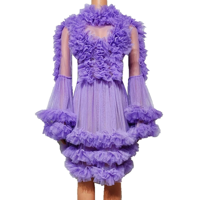 Lovely Fluffy Mesh Dress abito a strati da principessa con maniche a tromba, festa da sera, servizio fotografico, Performance, Costume, abbigliamento da palcoscenico