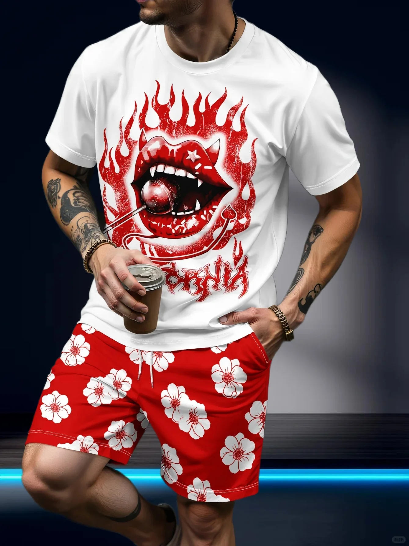 

2025/26 NEW Fashionable Men's Short Sleeved Shorts Set Contrasting Color Fashion Quick Drying 3D Full Body Printing Technology