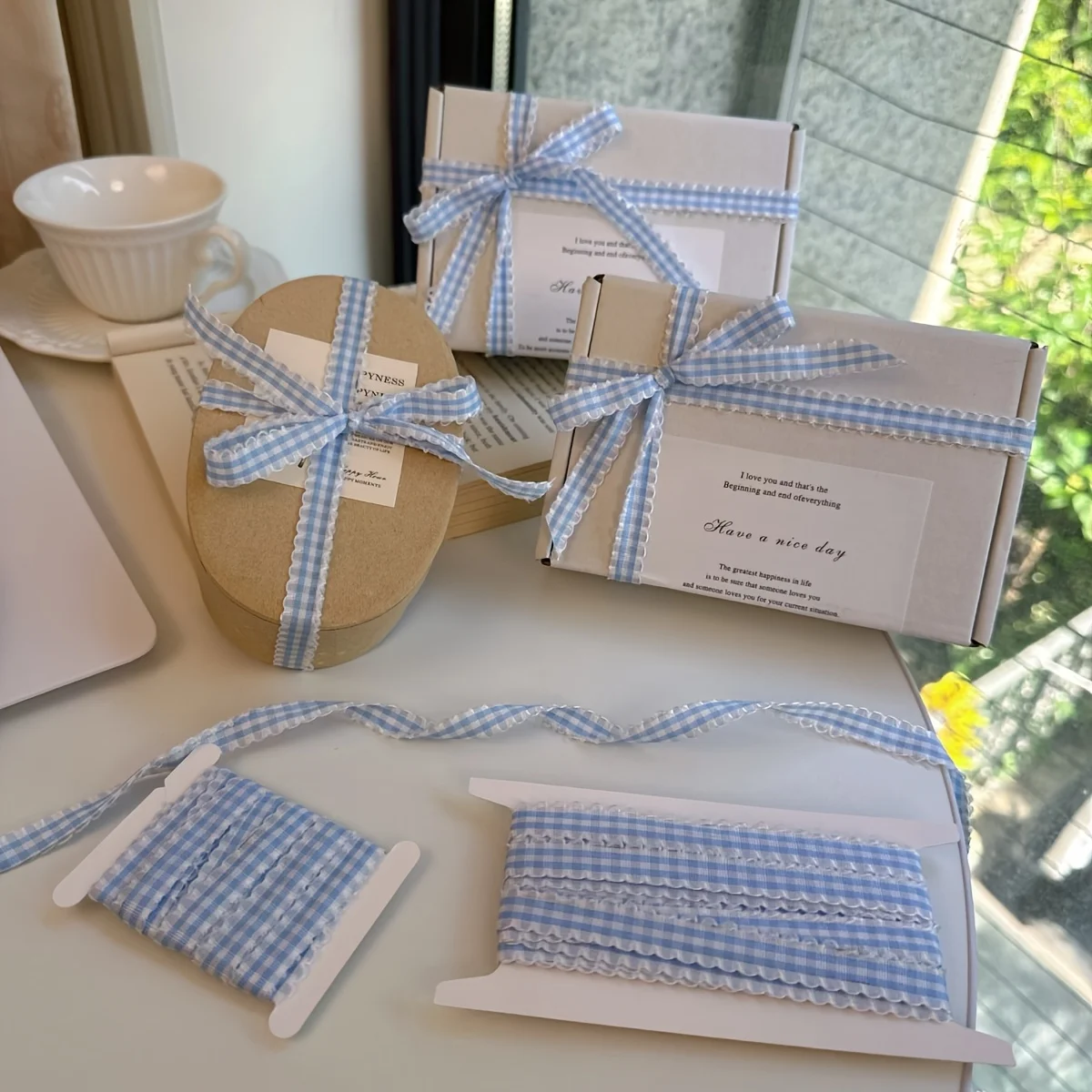 10 Yard Korean Blue White Checkered Lace Ribbon, Gift Wrapping Box Band Bow Decoration Handmade Fresh Flower Baking Materials