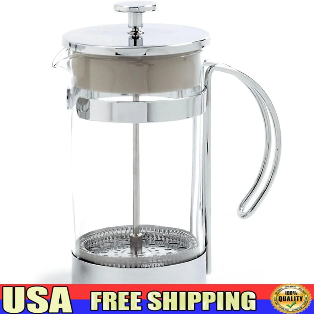 

2 Cup Glass Chrome Coffee Tea Press Durable Manual Brewer with Reusable Metal Filter Ideal Rich Flavorful Brews