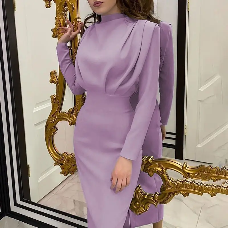 European And American Foreign Trade 2024 New Autumn New Fashion Waist Style Solid Color Long-sleeved Dress