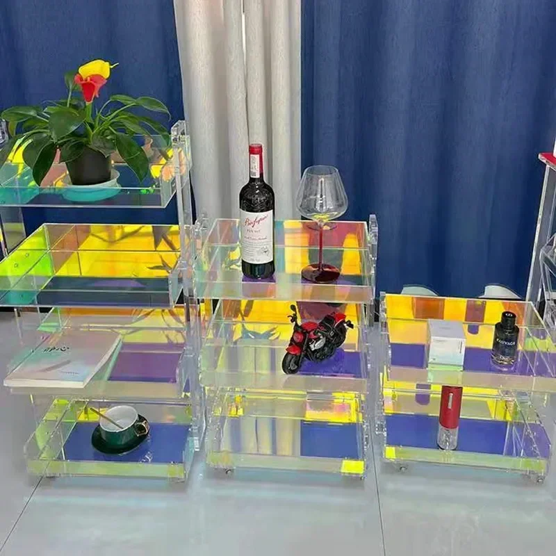 

Iridescent Folding Transparent Acrylic Table Rotatabl Square Balcony Afternoon Tea Table Bedside Storage Organizer Coffee Tables