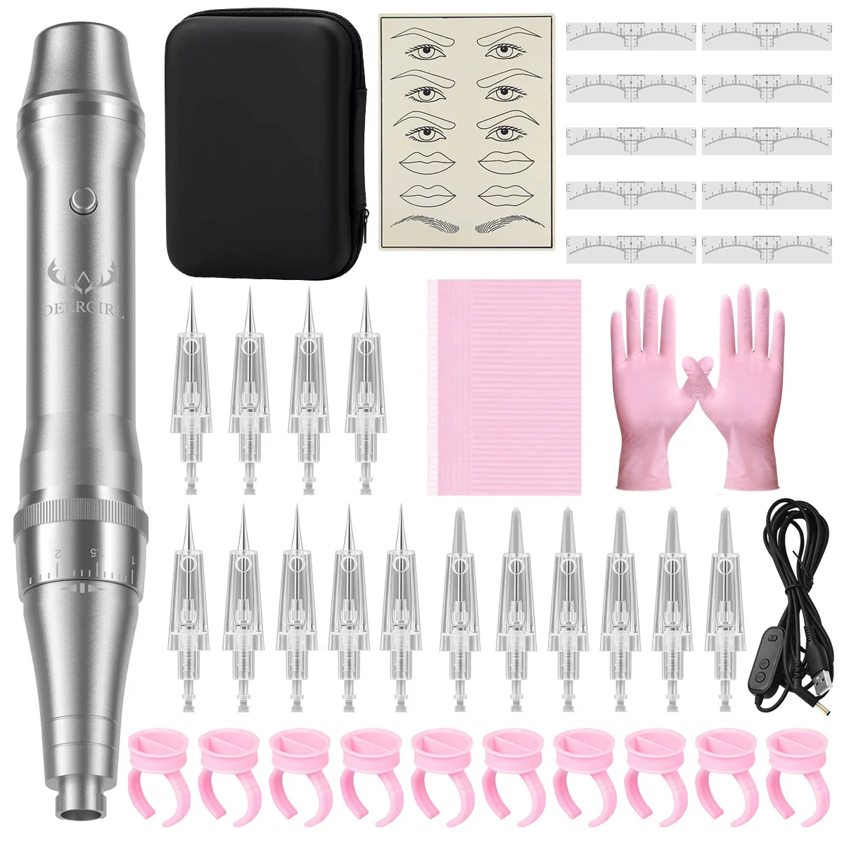 

Deergirl Permanent Makeup Machine Kit 8V/10000RPM Speed Adjustable 0-2.5MM Needle Length With 10PCS Disposable Eyebrow Ruler