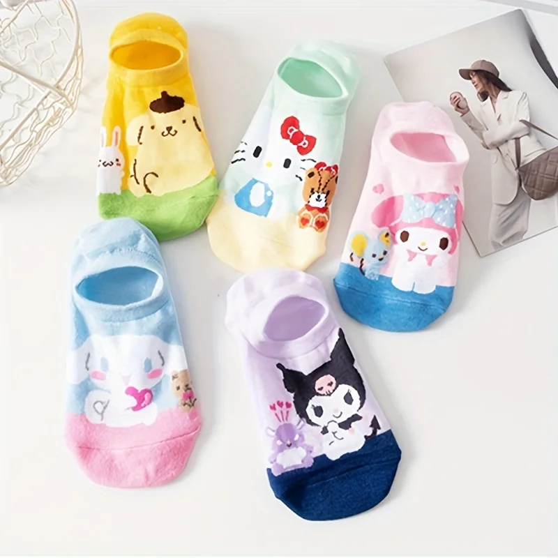 Kawaii Sanurgente Kuromi Melody of Teenager Cartoon No-show Chaussettes, Chaussettes douces et confortables pour toutes les saisons, 5 paires