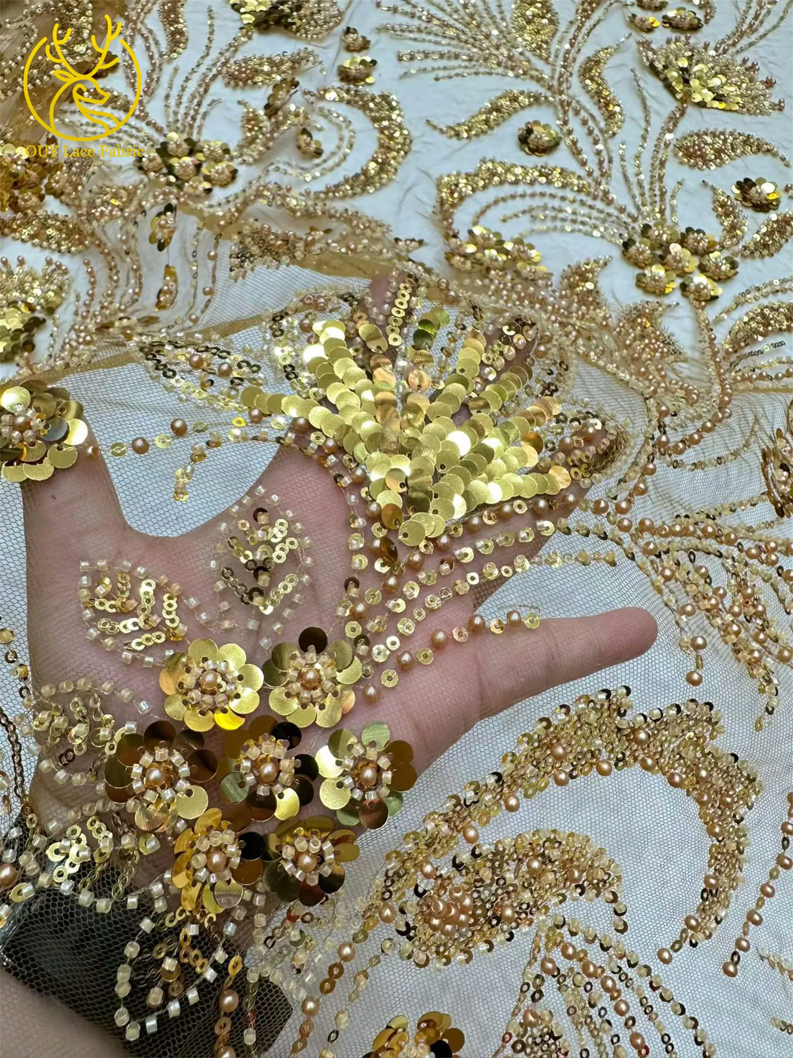 Eleganter 5-Yard-Paillettenstoff mit Kleinen Blumen, Afrikanischer Perlen-Pailletten-Spitzenstoff, Nigerianischer Luxuriöser Pailletten-Netzstoff für Kleider und Näharbeiten – Detail 15