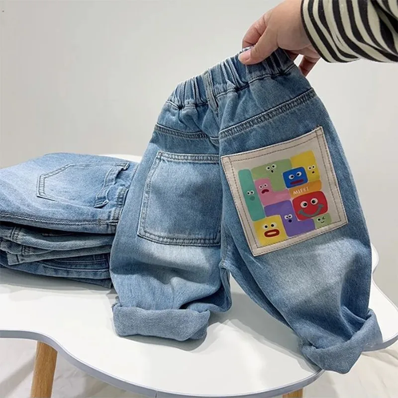 Children\'s Jeans Spring and Autumn Cartoon Boys and Girls Comfortable Soft Cotton Jeans Casual Pants Children\'s Baby Pants