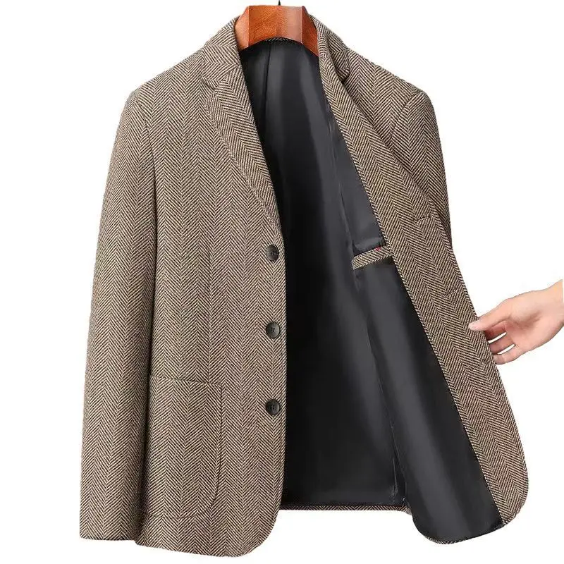 Middle-aged Autumn and Winter Suit Men's Herringman Wool Jacket High-end Casual Small Suit Thick British Slim-fit Casual