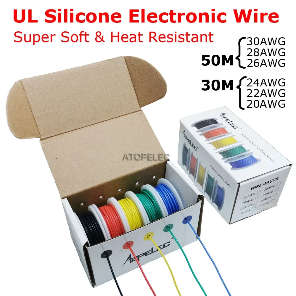 DIY 30/28/26/24/22/20 AWG Flexible Silicone Wire Tinned OFC Copper Super Soft Cable in Box Mixed 30M/50M Pack ROHS UL