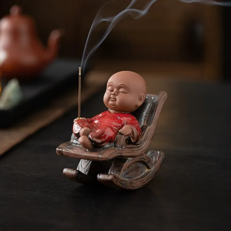 Handcrafted Rocking Monk Incense Holder, Zen Tea Room Censer Decor, Natural Wood Aroma Diffuser, Carved Sculpture Ornament