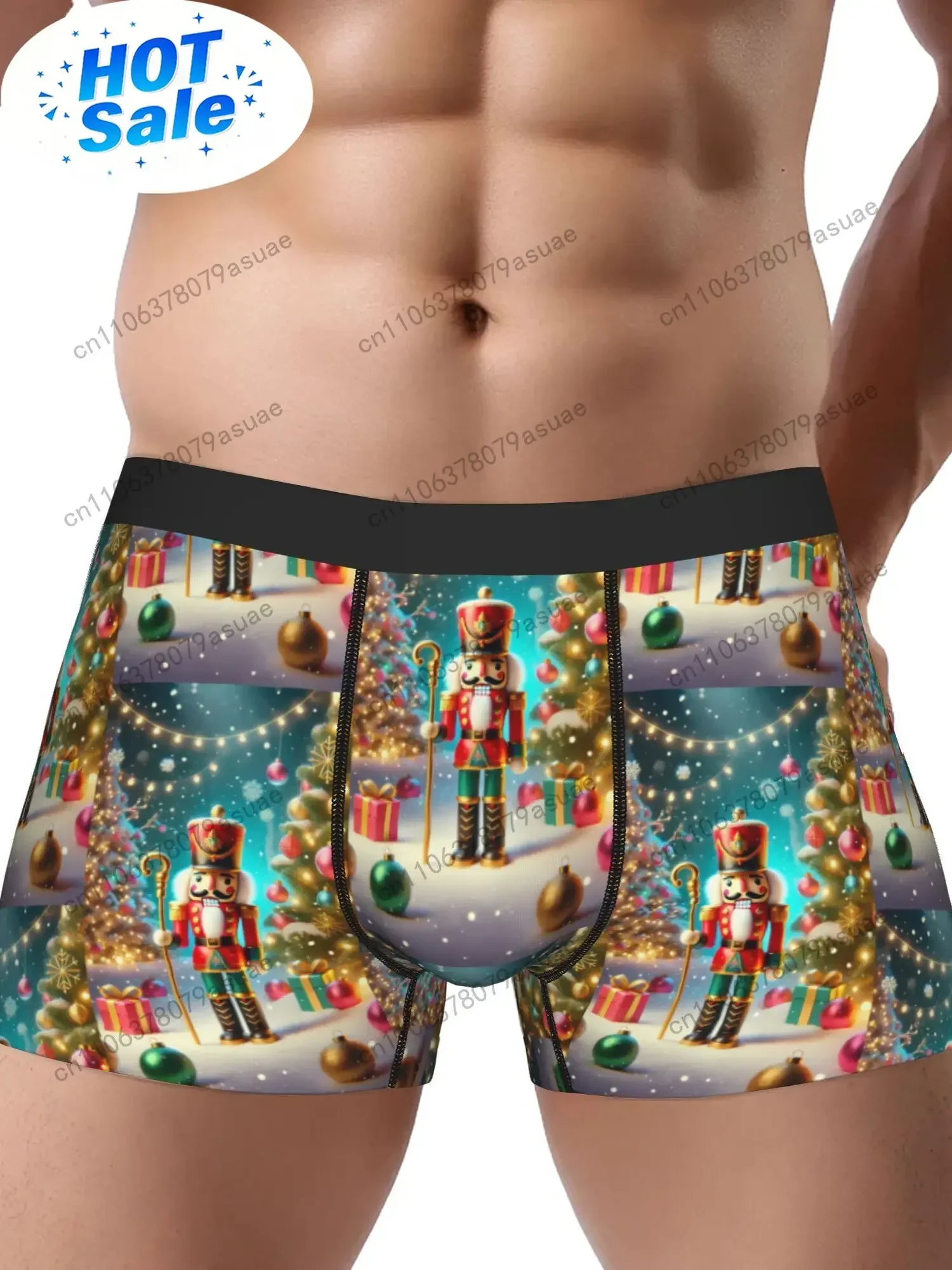 Nutcracker Christmas Boxer Briefs for Men - Festive Santa Gingerbread Men Print Medium Stretch Black Waistband with Black