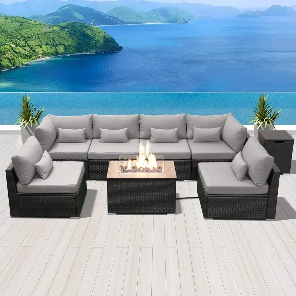 

Outdoor Sofa Set with Gas/Propane Fire Pit Table Outdoor Patio Furniture Sets (Light Gray-Rectangular Table), patio furniture