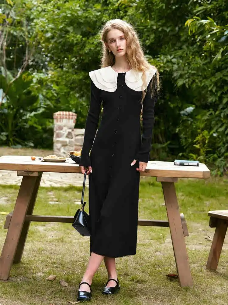 

OLrain French Style Spliced Women's Dresses 2025 Spring Straight Turn Down Collar Long Sleeve Knit Button Long Dress N56QL90209