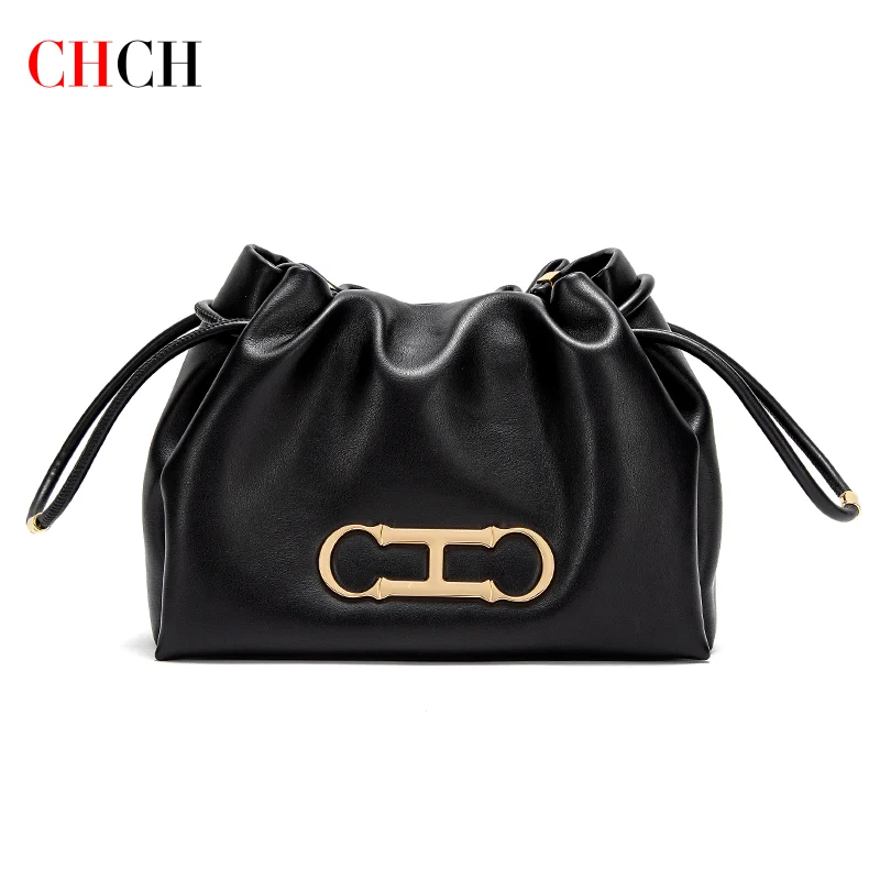 CHCH Women's Shoulder Bag 2024 New Simple Commuter Black Drawstring Cloud Bag Wallet