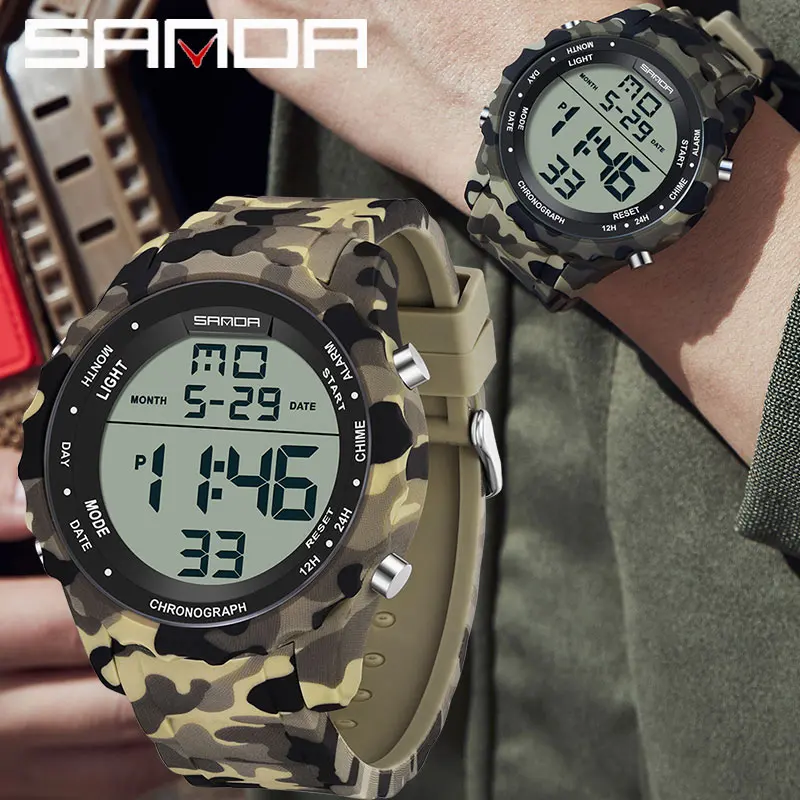 SANDA 2025 Military Luxury Men Electronic Watch Camouflage Colour Waterproof Sports LED Display Countdown Digital Men watch 2184