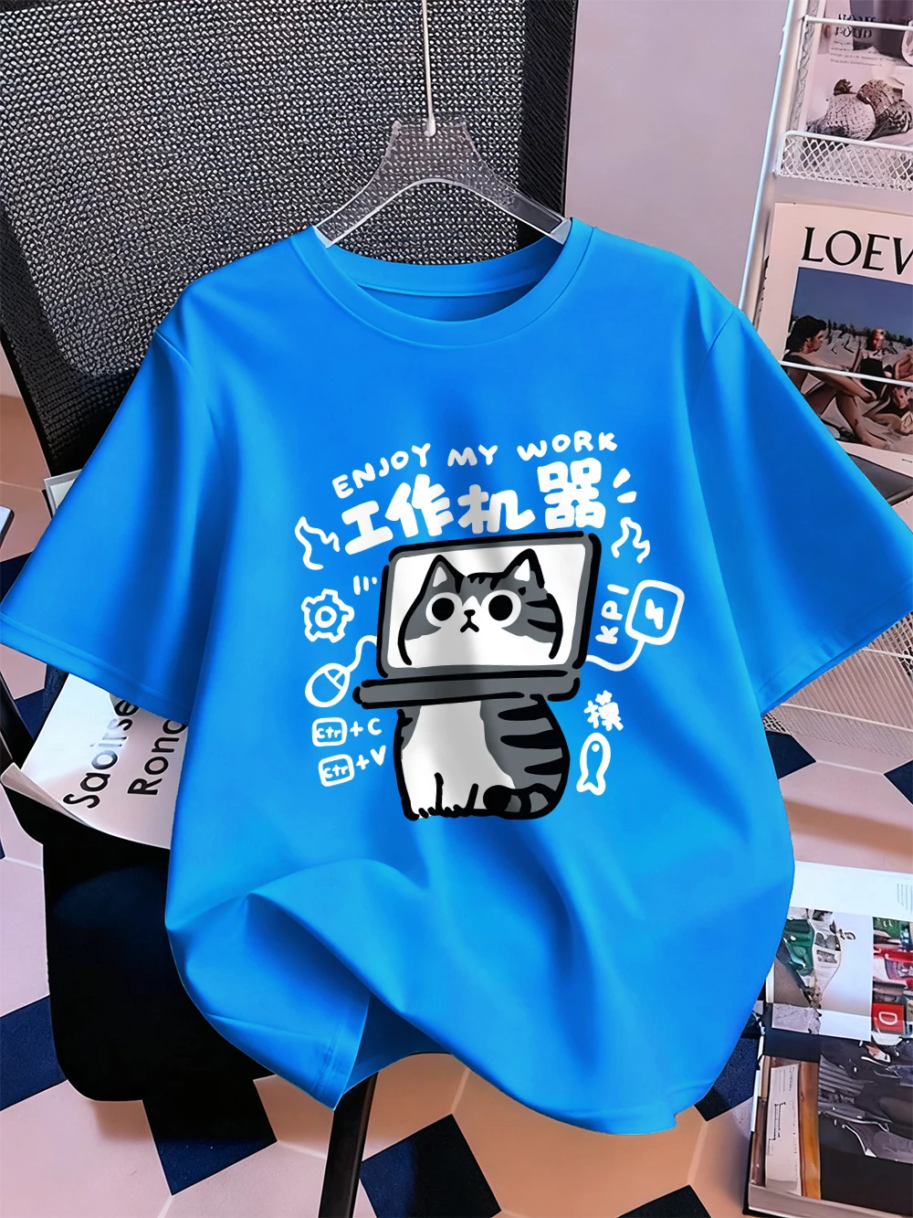 Enjoy My Work Funny Cat Printing Short Sleeve T-Shirts Womens Summer Cotton Tee Shirts Soft O-Neck Loose Tops Casual Clothes
