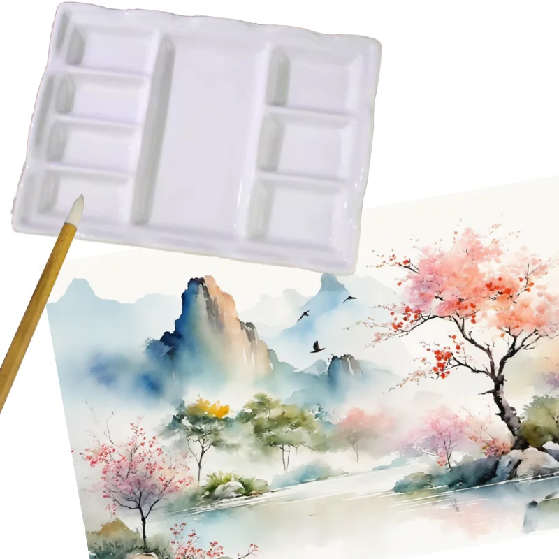8 Well Ceramic Palette High Color Rendering Easy To Clean for Acrylic Watercolor Gouache Oil Painting Color Mixing Pen Shelves