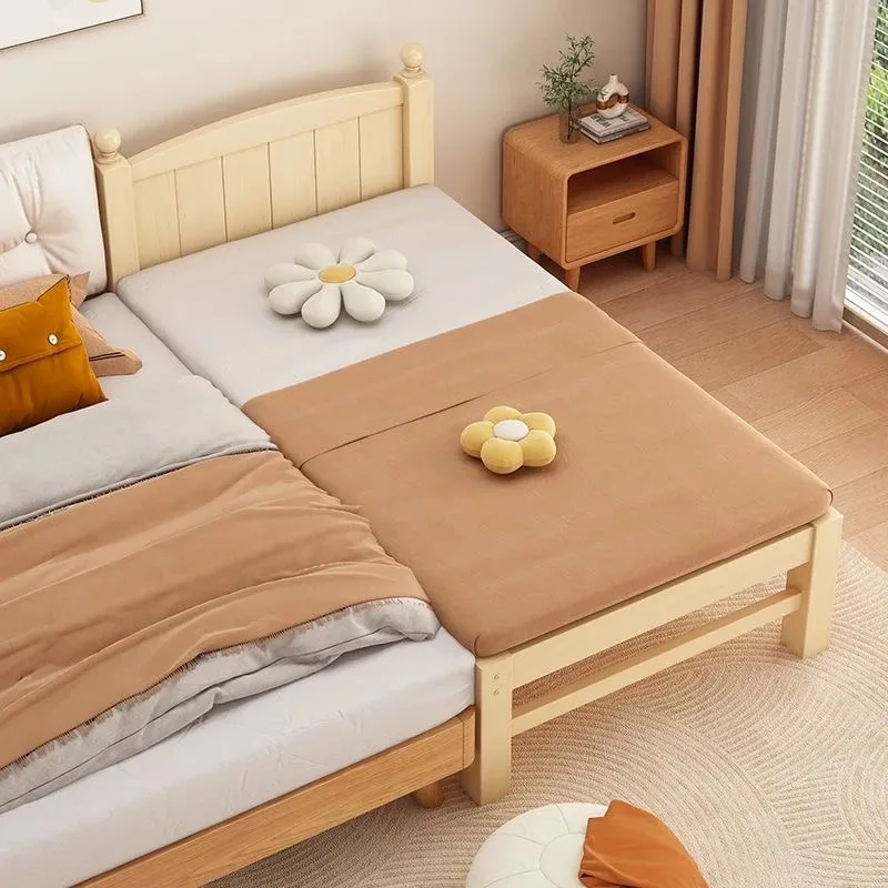 Adjustable Height Children's Splicing Bed Wider Solid Wood Frame with Guardrail Baby Single Bed Kids' Crib Safety And Comfort