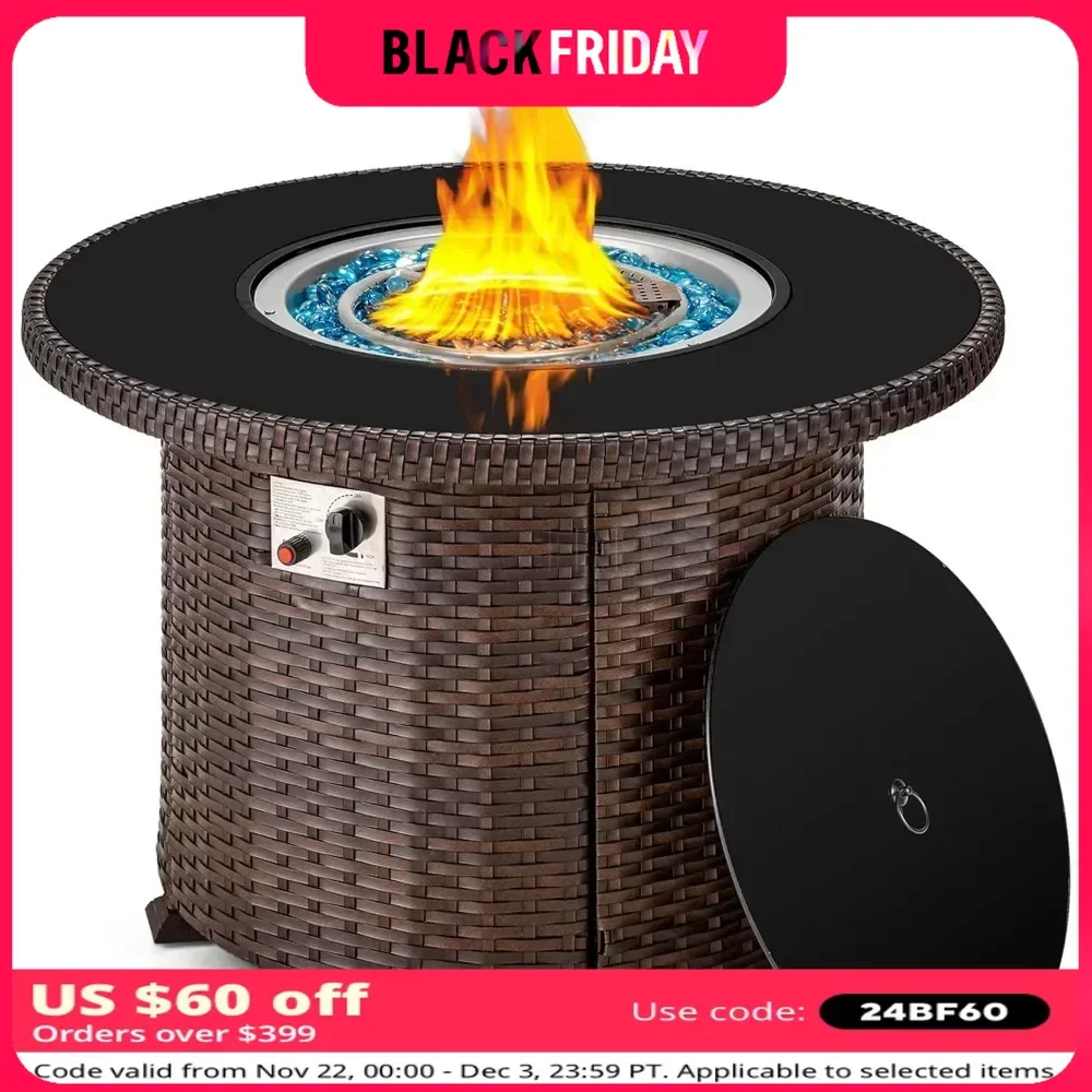 Propane Fire Pit Table with Weather-Resistant Cover & Tempered Glass Tabletop Patio Outdoor Wicker Fire Table Outdoor Heating