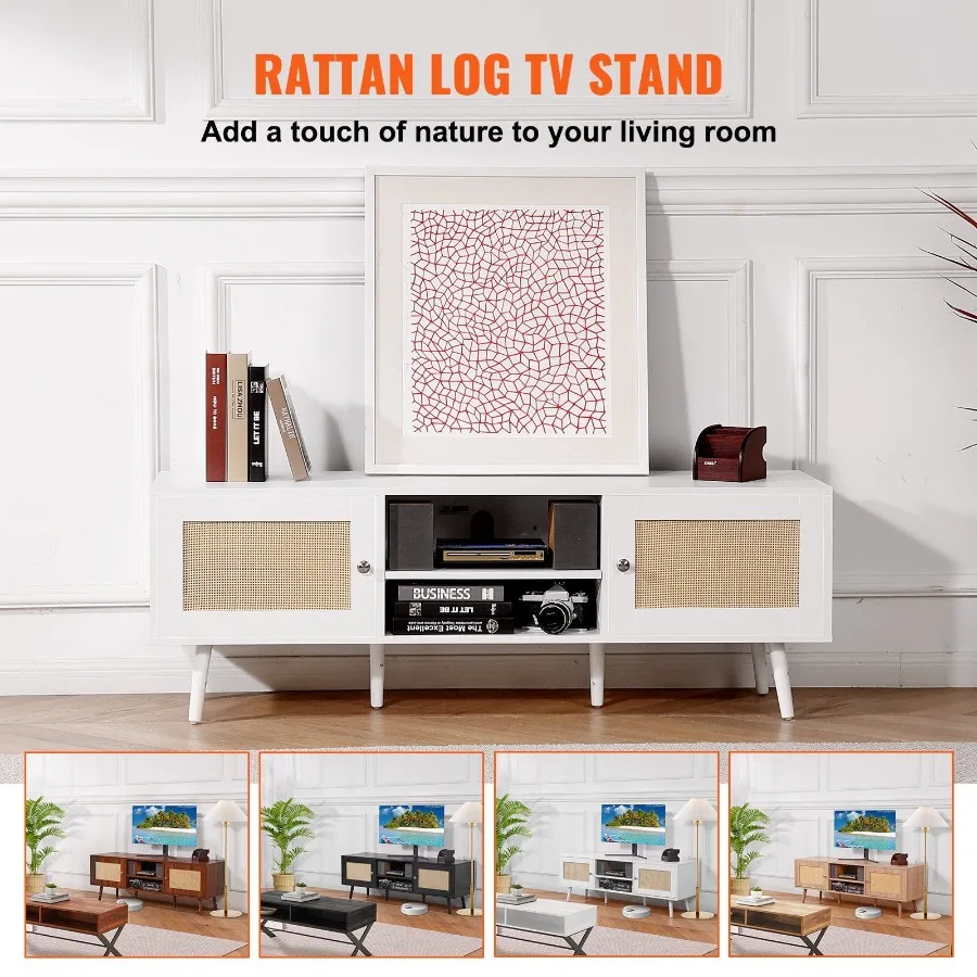 Rotan TV-standaard voor 65 inch TV Boho TV-standaard met Rotan Deur Entertainmentcentrum met ingebouwde aansluiting en USB-poorten Moderne TV
