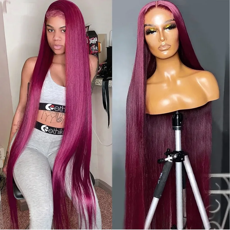 

Burgundy Color Long Silky Straight Preplucked Soft 26 Inch 180% Density 99J Wine red Lace Front Wig Fiber