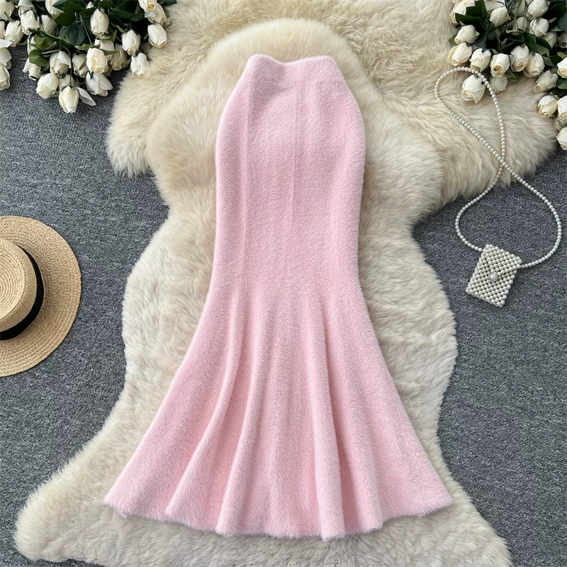 Damen Kunstnerz Gestrickter Meerjungfrauenrock Hohe Taille Weicher Flauschiger Warmer Pulloverrock Herbst Winter Eleganter Figurbetonter Langer Midirock 636 – Detail 6