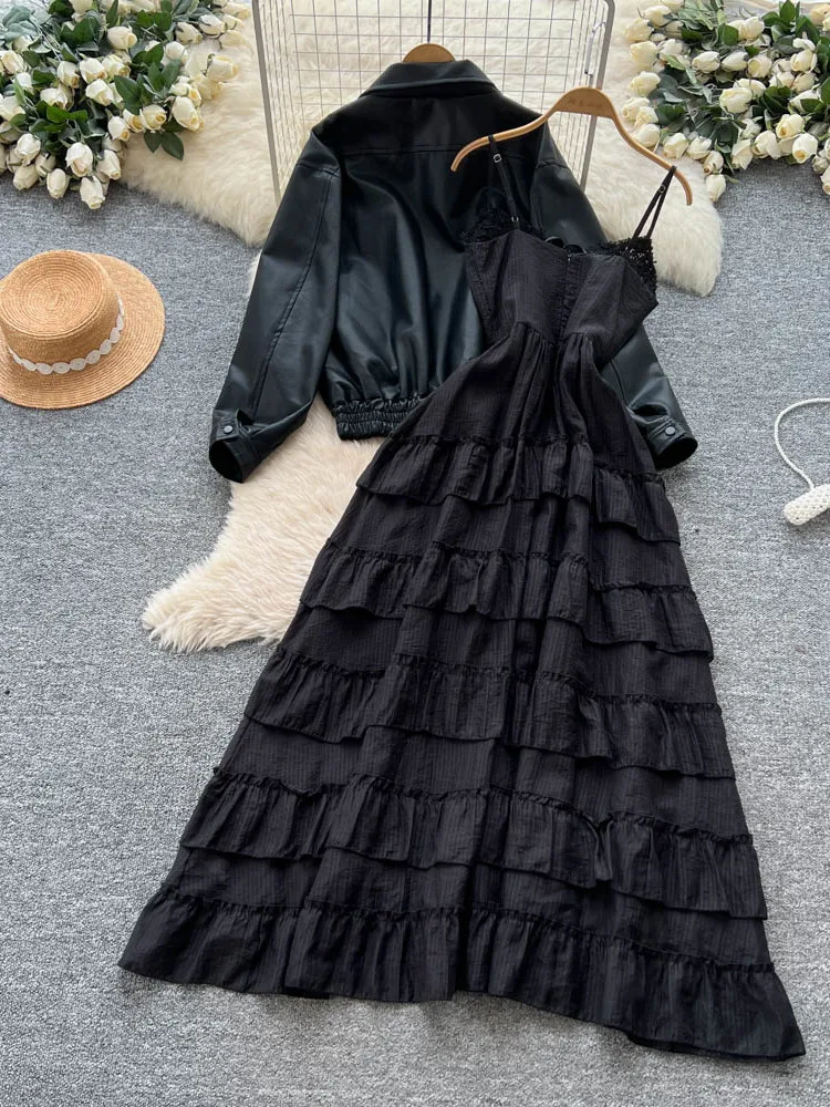 

Sweet Cool Spicy Girl Loose Casual Long Sve Leather Jaet Waist Cinch ter Pleated Skirt Dr Ele Set High Waist P...