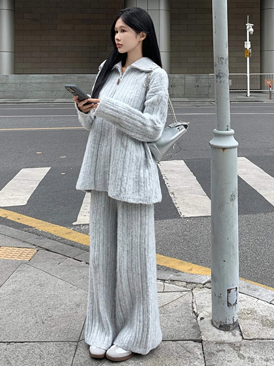 Korean Style Casual Soft Loose Stand Collar Zipper Knitted Sweater High Waist Wide Leg Slimming Long Pants Fashion Set