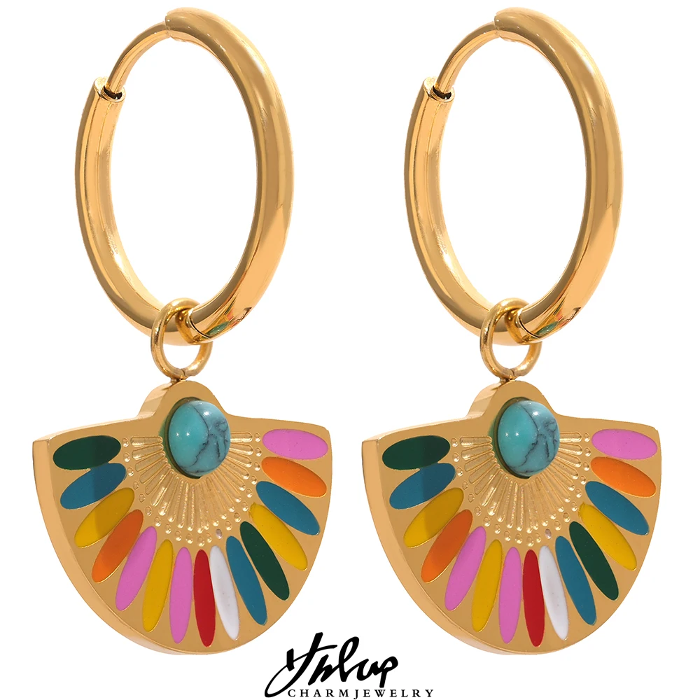 Yhpup Y2K Colorful Enamel Stainless Steel Fan Geometric Bohemian Rainbow Drop Hoop Earrings Women Trendy Fashion Charm Jewelry