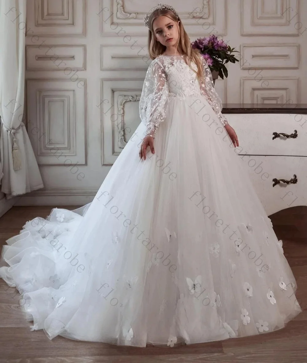 Customized White Flower Girl Dress Ball Gown Floor Length Round Neck Long Puff Sleeve Lace 3D Butterfly Tulle Train Kids Gown