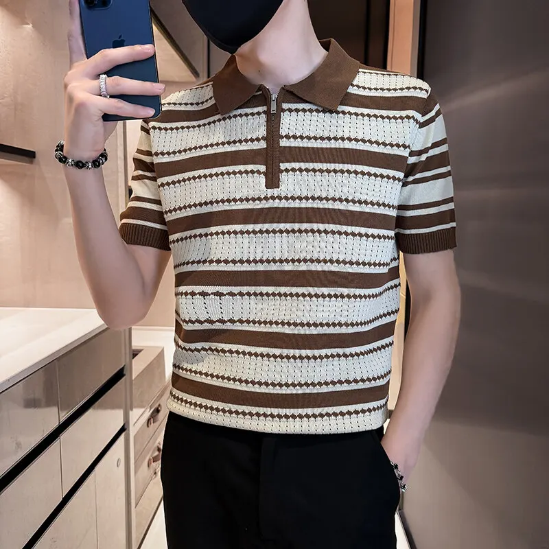 

2025 Summer Knitted Jacquard Ice Silk Short Sleeve T-shirt Korean Fashion Slim Fit Collar Polo Shirt Casual Business Polo Shirts