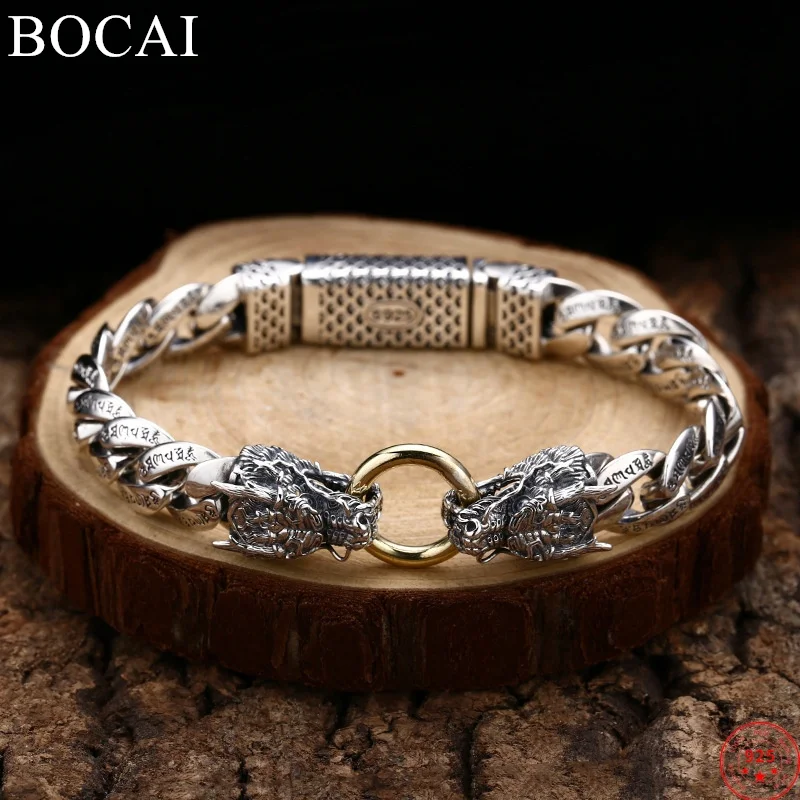 

BOCAI S925 Sterling Silver Bracelets for Women Men New Fashion Double Loong Head 10mm Flat Tank-chain Punk Jewelry Free Shipping