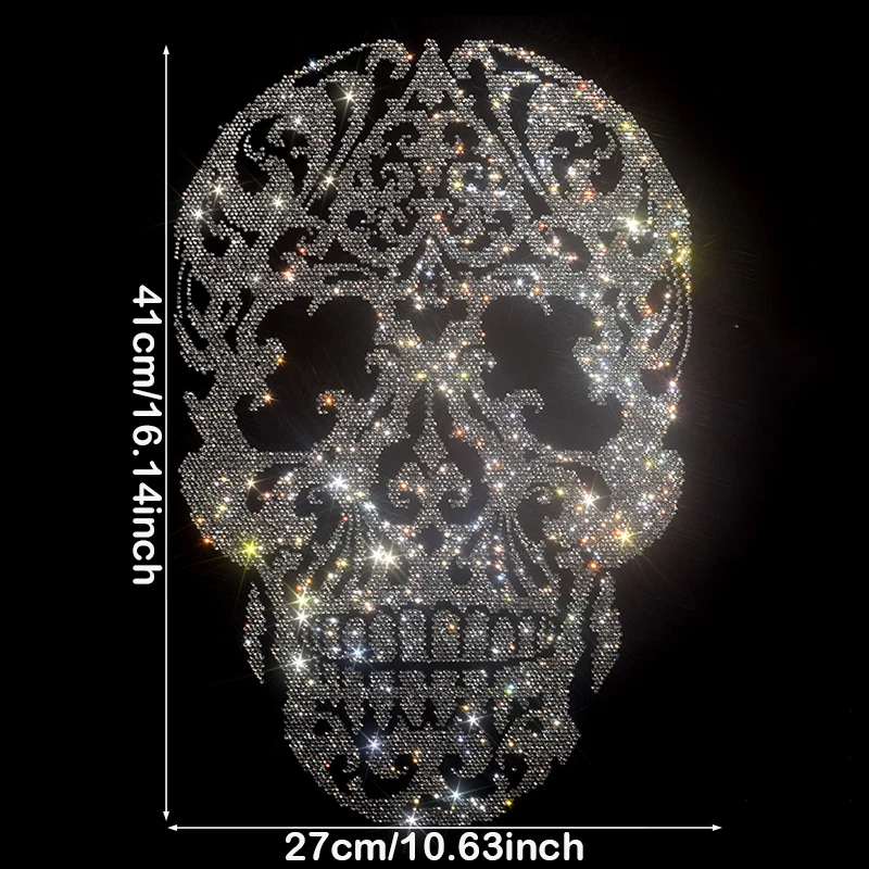 Floral Skull Rhinestone Transfer - Diamond-Cut Iron-on for Tops, Bags & Gothic Decor (Blue-Silver Contrast)