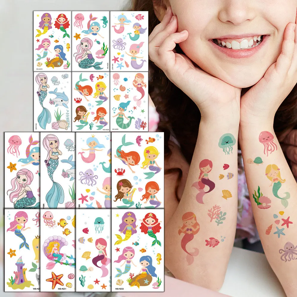 

10 Pieces Little Mermaid Party Temporary Tattoos Children Face Arm Body Makeup Gifts Kids Girl Birthday Party Fake Tattoo Gifts