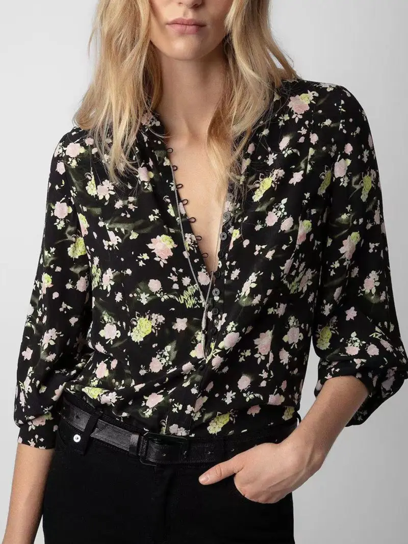 Shirt women's new yellow floral black long sleeved top for spring/summer 2023