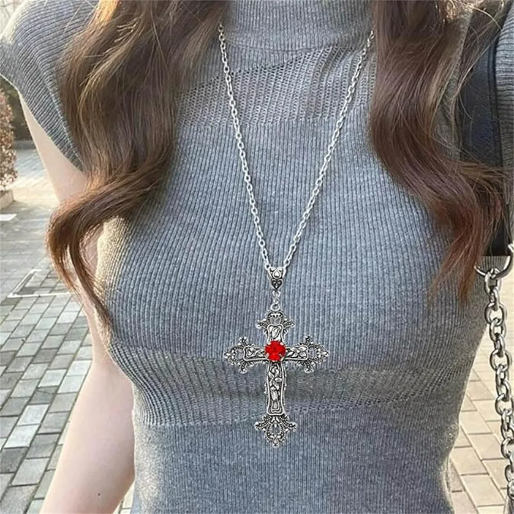 فاسق القوطي خمر الصليب قلادة فضية اللون مع بلورات القوطية الصليب عيد الفصح مجوهرات للجنسين مرصع بالجواهر الصليب القلائد #5