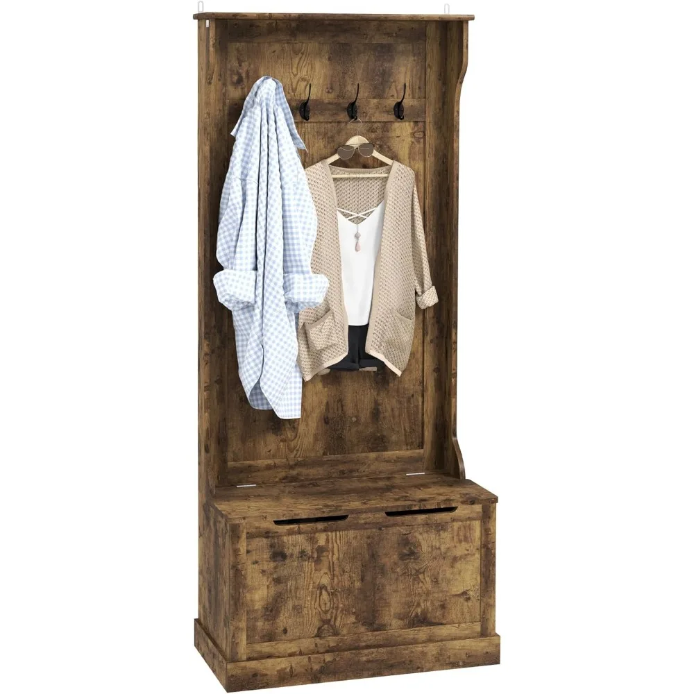 

3-in-1 Hall Tree with Shoe Storage, Standing Coat Rack with Shoe Bench, Entryway Organizer with Four Hooks, Rustic Brown