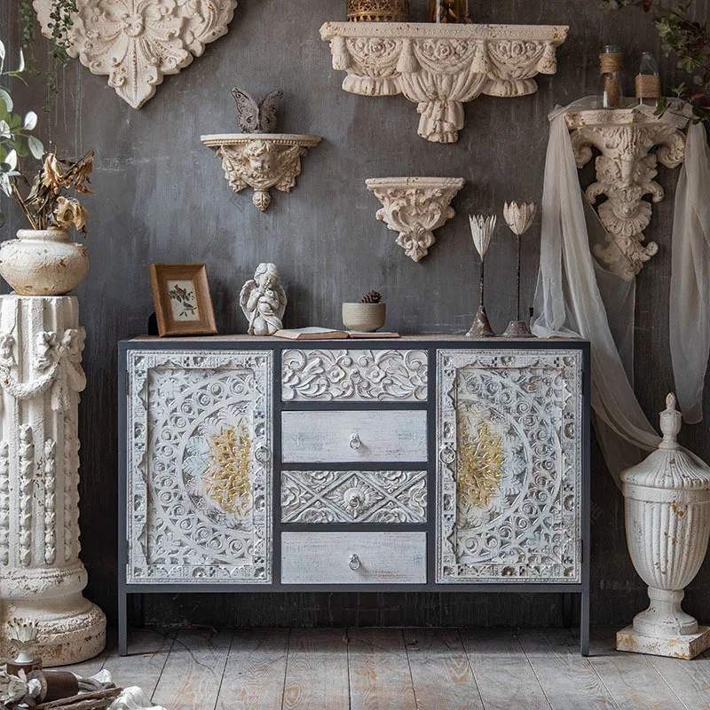 

American retro old carved porch cabinet storage locker living room corridor South East Asia homestay decoration cabinet chest ca