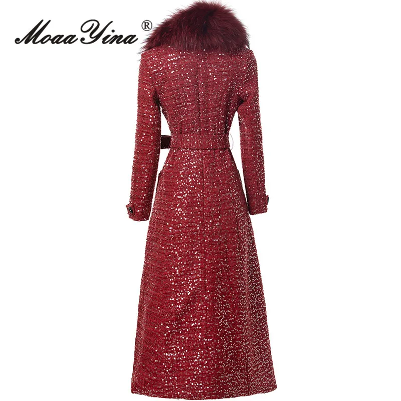 MoaaYina Autumn And Winter Coat With Beaded Sequins Decoration Double Breasted Buttons And Waist Belt S-4XL Coat Jacket