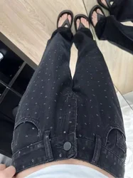 American retro black print wide-leg jeans women's autumn new high waist slim straight loose mop pants. jeans woman