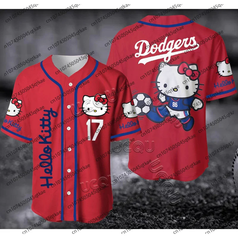 Hello Kitty Special Edition Baseball Jersey Shirt Dodgers 17 Button Football Jersey Breathable Oversized Sport Top Adult/kids