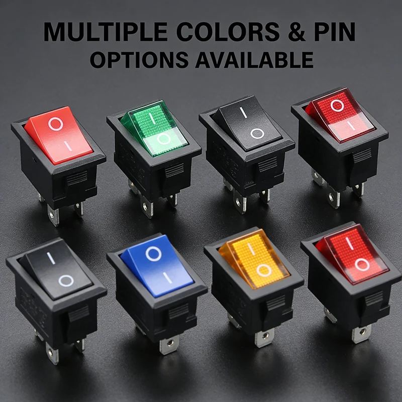 30Pcs KCD1 Rocker Switch – 2/3/4 Pin Boat & Car Power ON-OFF Switch, 6A/250V 10A/125V AC, Black/Red/Green, 15x21mm Panel Mount