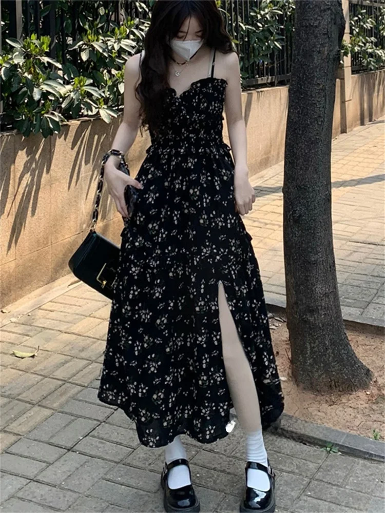 Bla Floral a-ligne ter Dr femmes printemps été automne taille haute minceur fendu Ele longue Dr jupe Midi