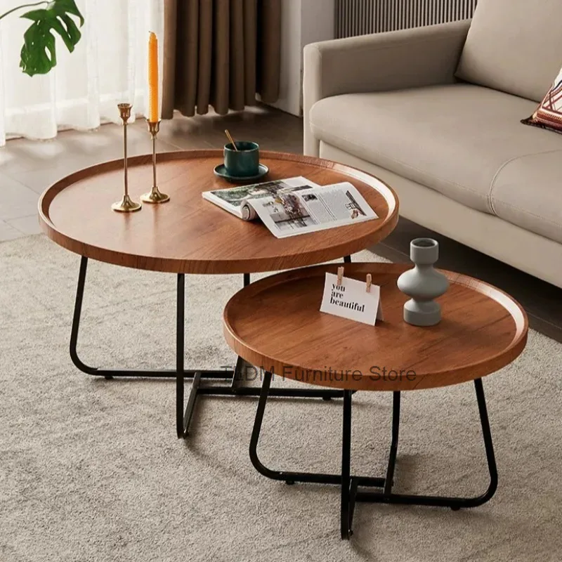 Room Round Nesting Coffee Tables with Living Wood Finish Tops , Modern Industrial Accent Tables, Side Tables for Home Decor